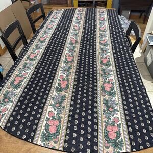 VTG Tablecloth Pink Floral Rose Navy Paisley 85” Sq Cottage Shabby Chic Boho